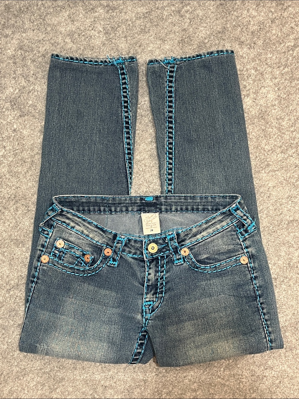 True Religion Blue Straight Leg Low Rise Jeans with Turquoise Stitching